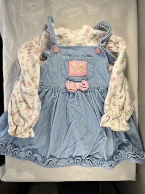Girl's Vtg SESAME STREET Bears 2 piece Long sleeve Denim Overall Dress Size 18MO